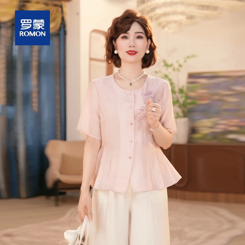 罗蒙母亲中年妈妈夏季小衫套装女新款洋气上衣服中老年女装两件套