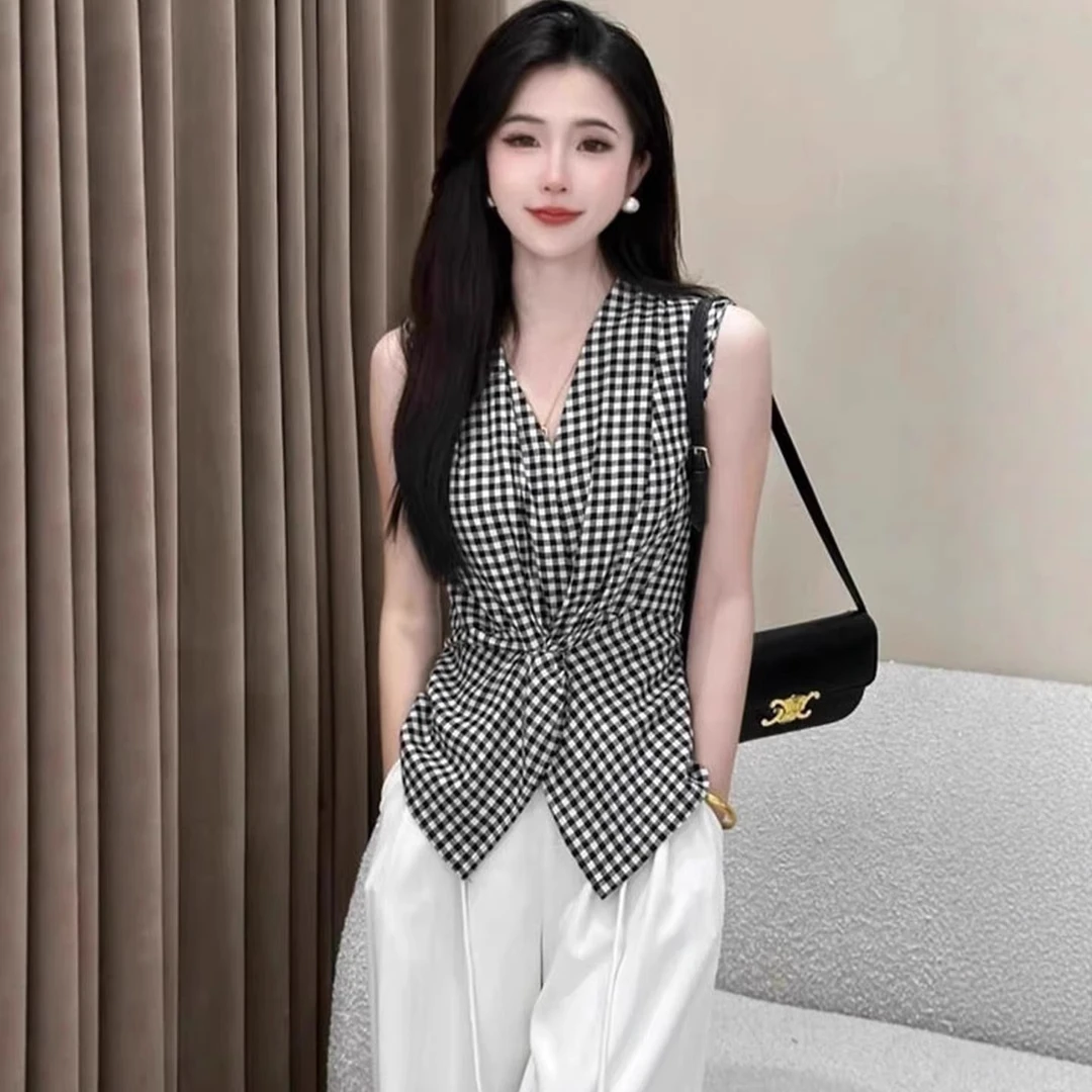 时尚套装女2025夏季新款显瘦百搭V领无袖格子衬衫阔腿裤两件套潮