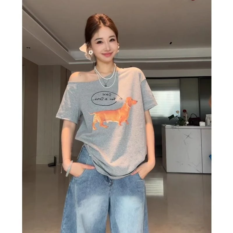 常规款直筒欧美风夏季落肩袖短袖印花T恤高腰夏装百搭休闲时尚