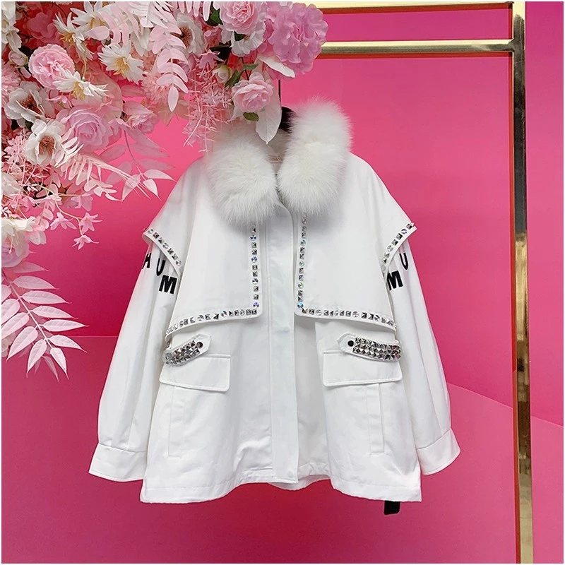 A4834欧美设计师2025冬季新款重工钉钻狐狸毛领个性派克服外套女