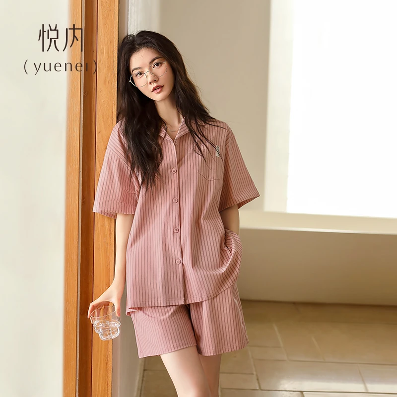 悦内睡衣女款夏季夏天纯棉短袖短裤家居服时尚休闲条纹粉色可外穿