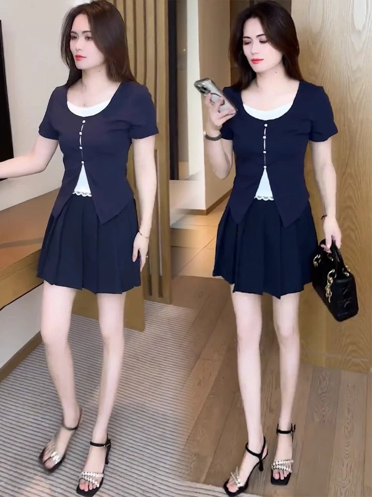 时尚套装裙女2025夏季新款洋气显瘦蕾丝拼接短袖上衣短裙两件套潮