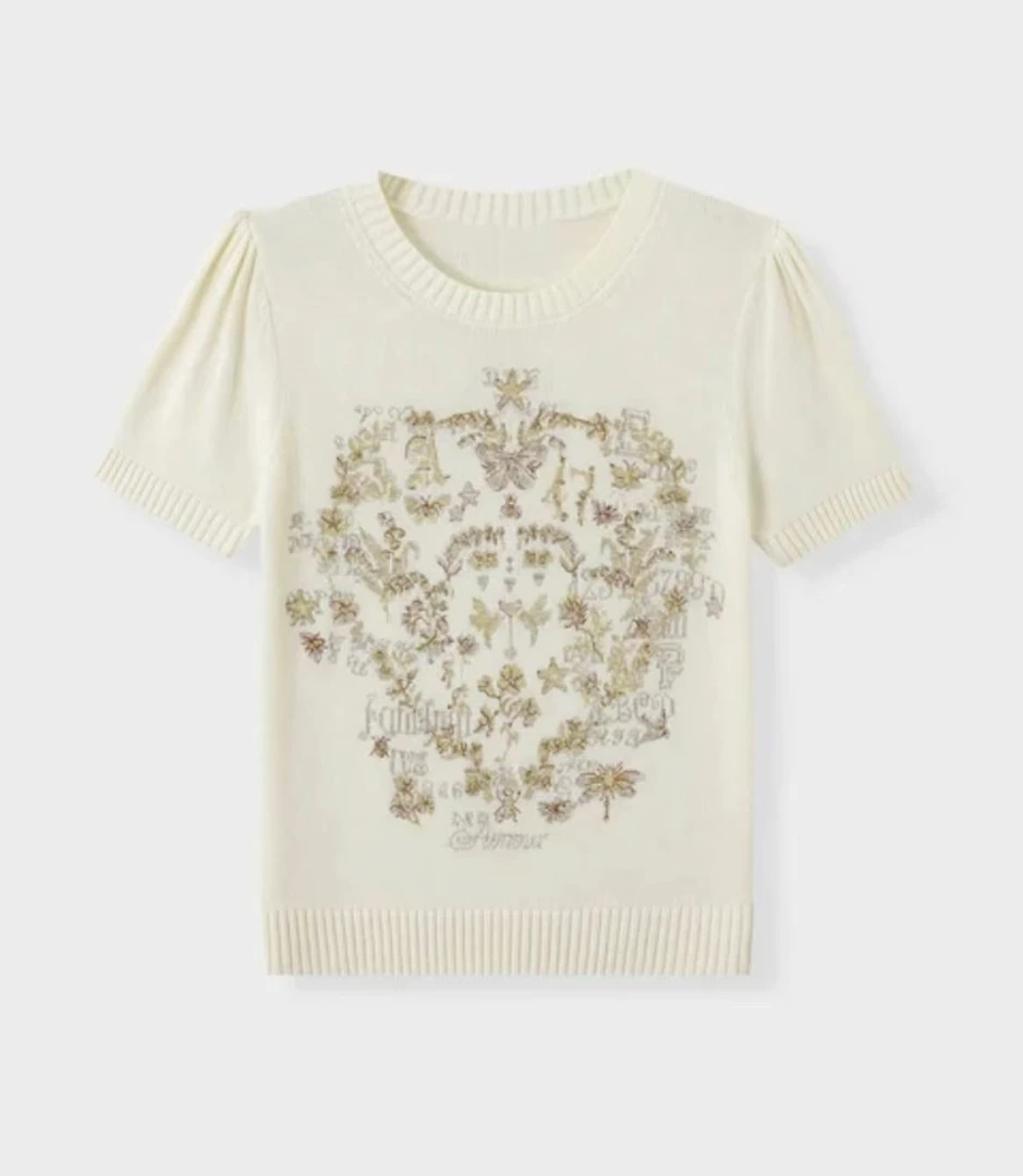 CHENXI时尚夏季金色莫奈花园百搭针织短袖白色-3032