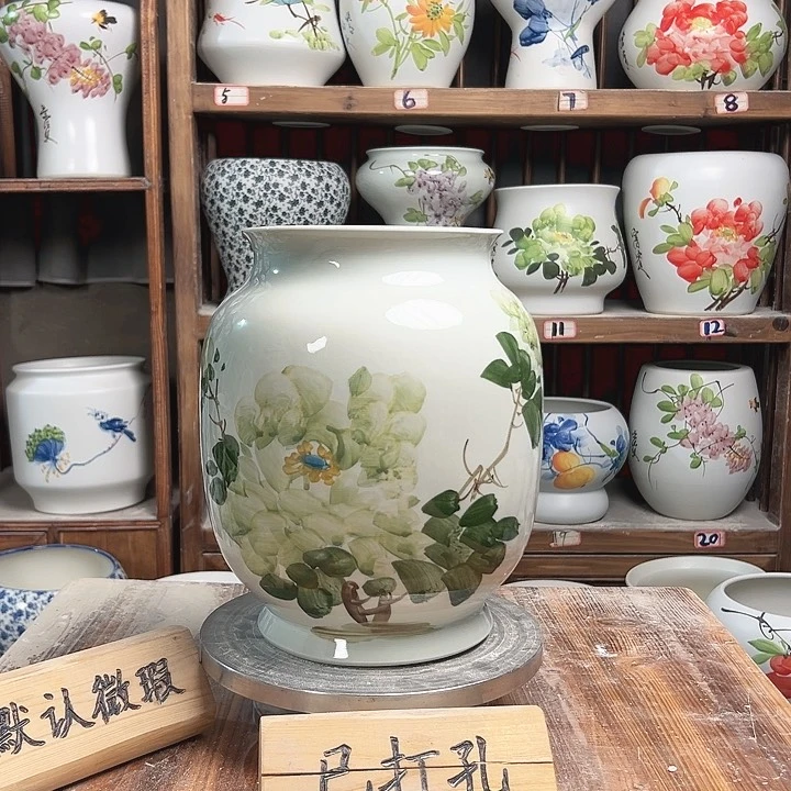 摆件高27冬瓜绿绿牡丹陶瓷