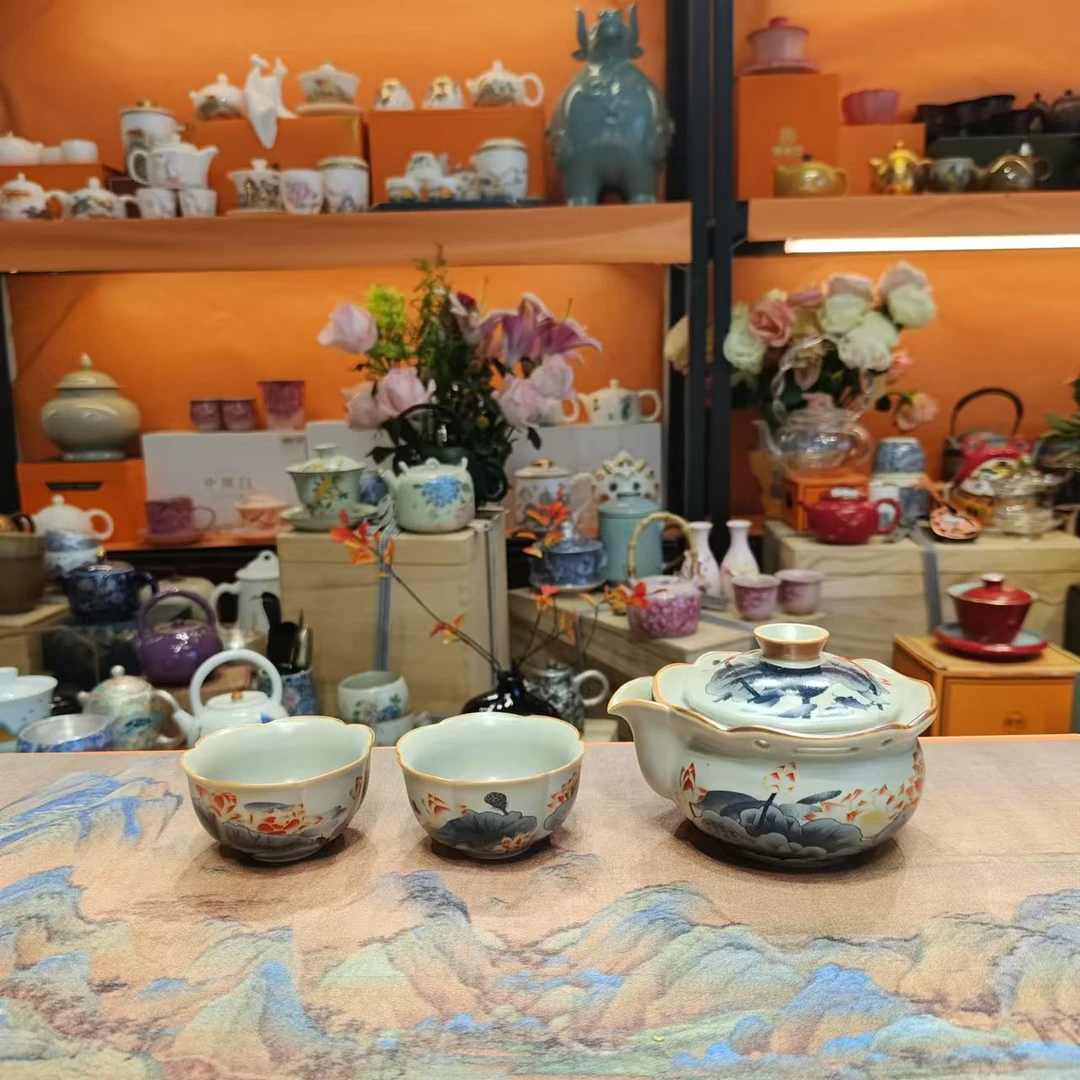 当代 友名 米黄汝窑清雅荷韵手抓壶一壶两杯小套装家用茶具4967号