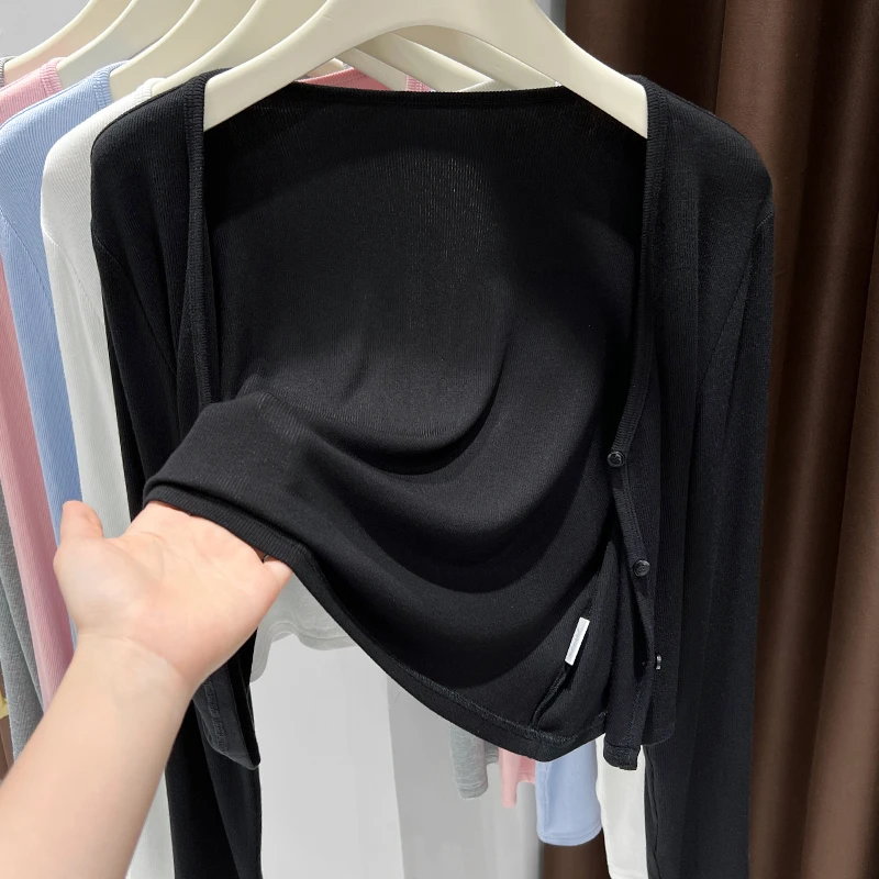 短款黑色软糯长袖短款配吊带裙外搭小披肩女夏季防晒V领针织开衫