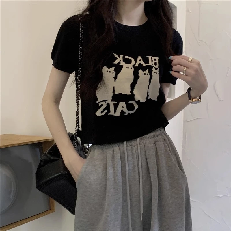 正肩冰丝短袖夏季新款猫咪刺绣针织衫T恤女别致显瘦减龄上衣