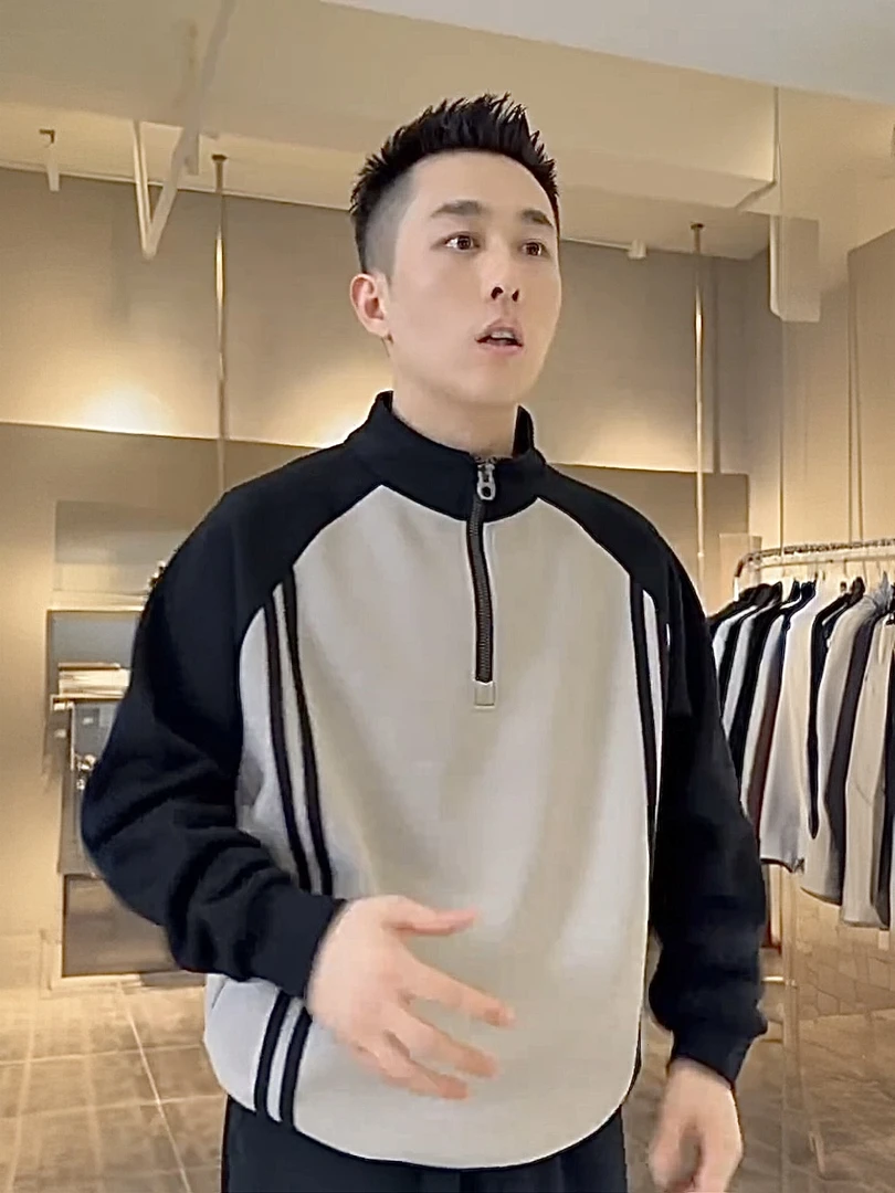 特大码300斤秋冬季新款拼接半拉链卫衣男士加绒保暖休闲百搭上衣2