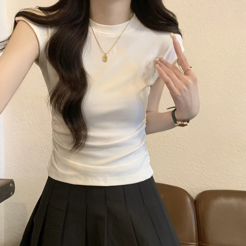 夏季圆领短袖t恤纯欲正肩飞飞袖上衣短款高腰修身显瘦小众设计感