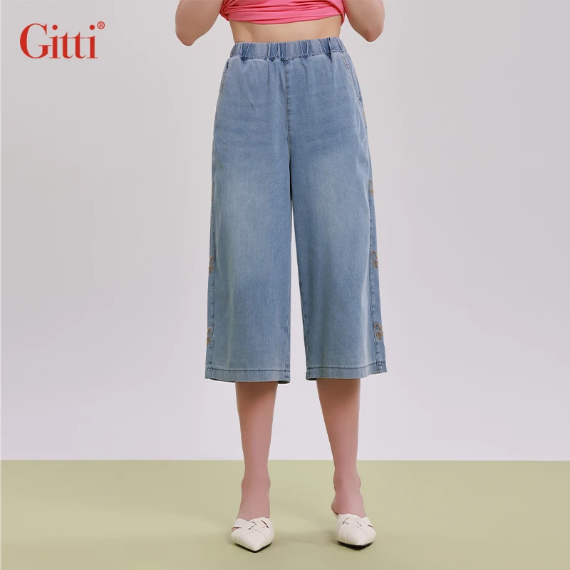 侧边刺绣天丝棉感阔腿八分显瘦牛仔裤女G251164