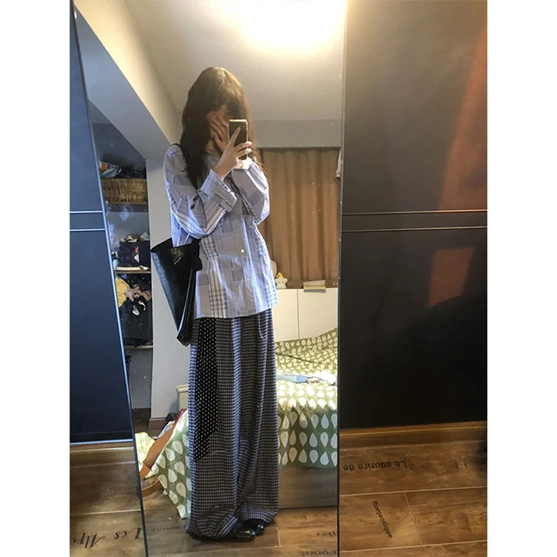 韩系复古拼接格纹衬衫女春夏2025新款慵懒设计感小众长袖衬衣上衣