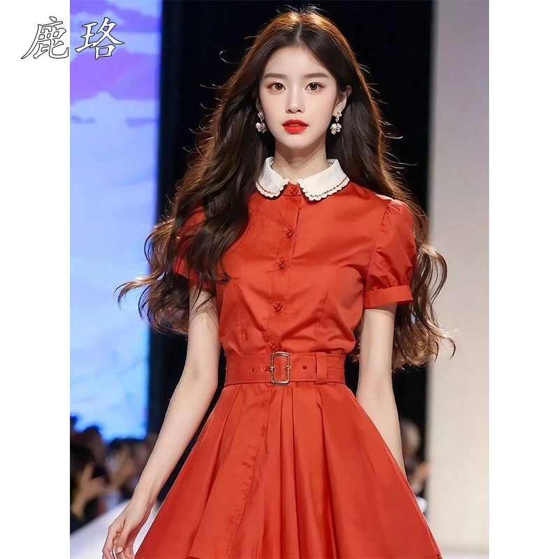 茶歇法式气质绝美裙子高端精致超好看红色娃娃领连衣裙夏季新款女