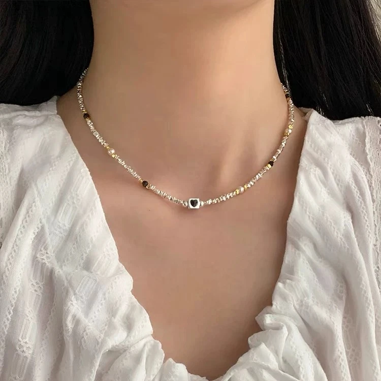 坠链均925银 个性百搭纯银爱心方块项链轻奢小众设计感碎银锁骨链