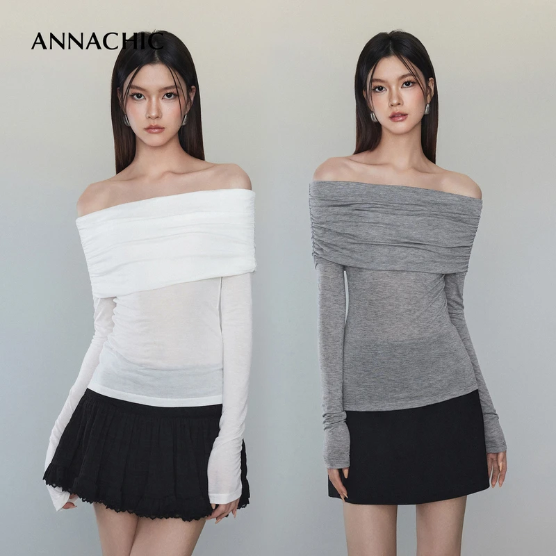ANNACHIC米白色修身显瘦一字肩上衣女2025年春季天丝薄款长袖T恤