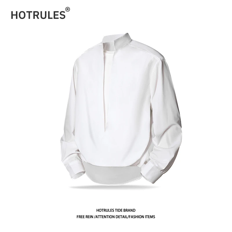 HOTRULES简约纯色假两件设计长袖衬衫男宽松休闲百搭时尚小众上衣