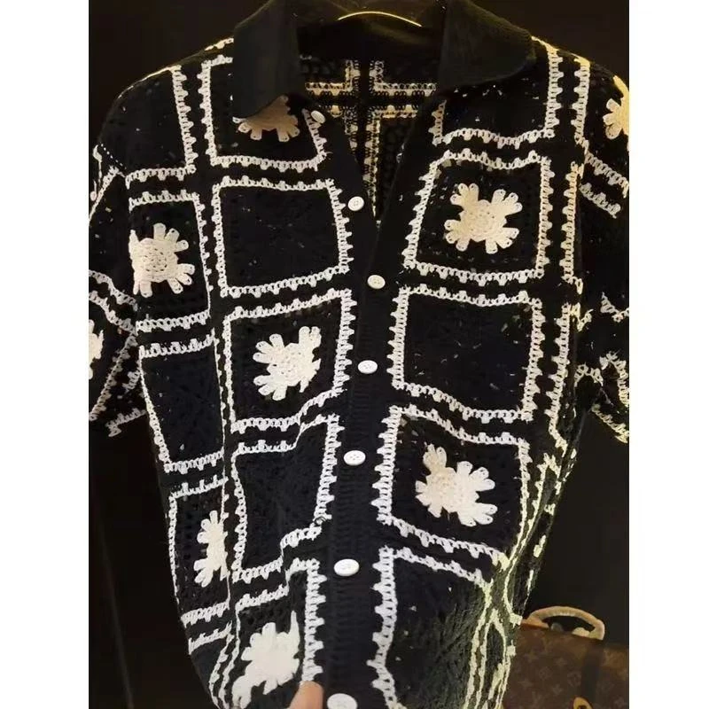 夏季新款针织拼接镂空短袖衬衫时尚百搭潮流休闲宽松透气古巴领