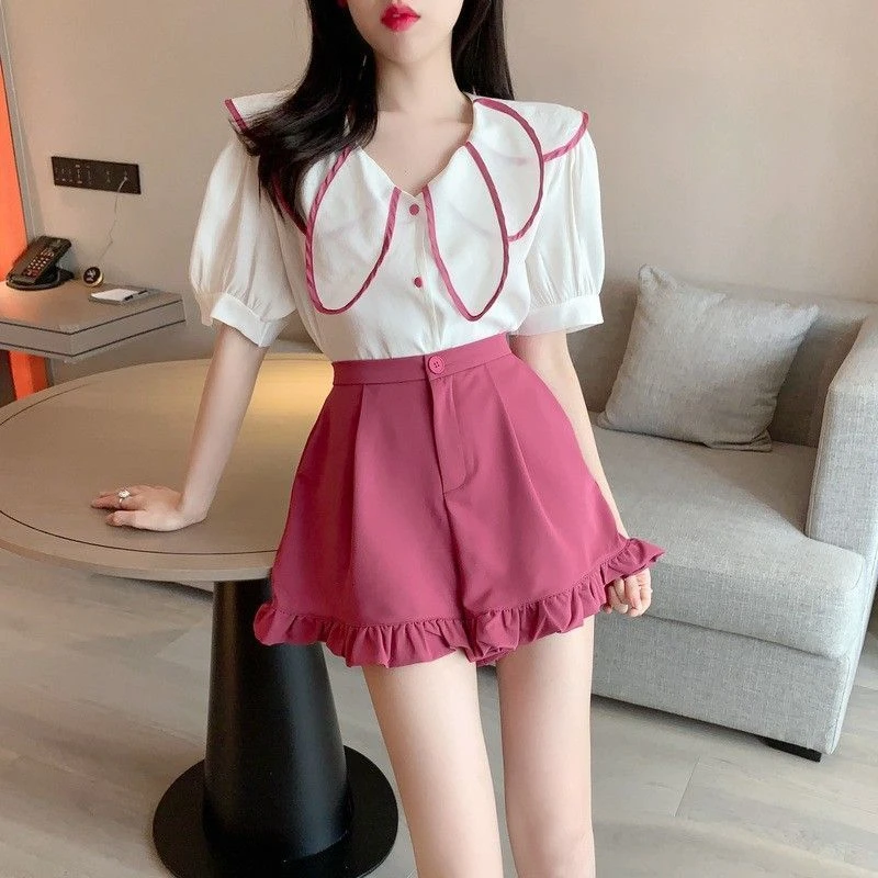 荷叶边短裤女木耳边2025夏季休闲宽松西装阔腿裤韩设计感气质休闲