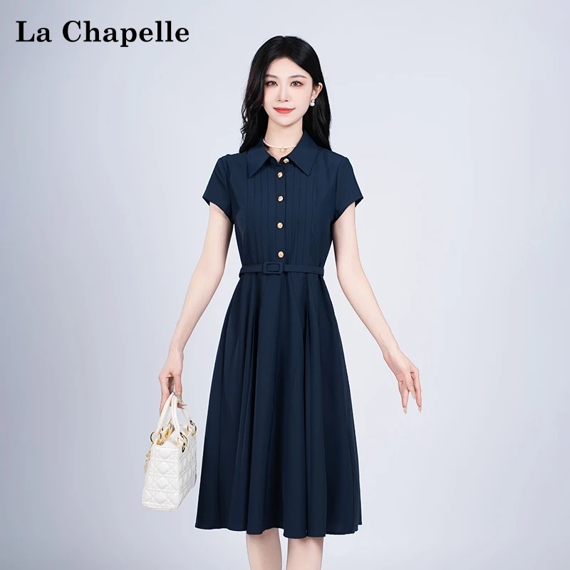 【拉夏贝尔】夏季法式设计感显瘦松紧腰短袖连衣裙