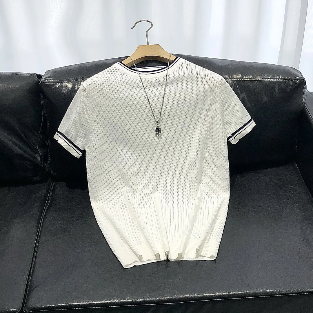 2025夏季新款圆领镂空透气短袖针织衫男圆假男男士薄款针织开衫