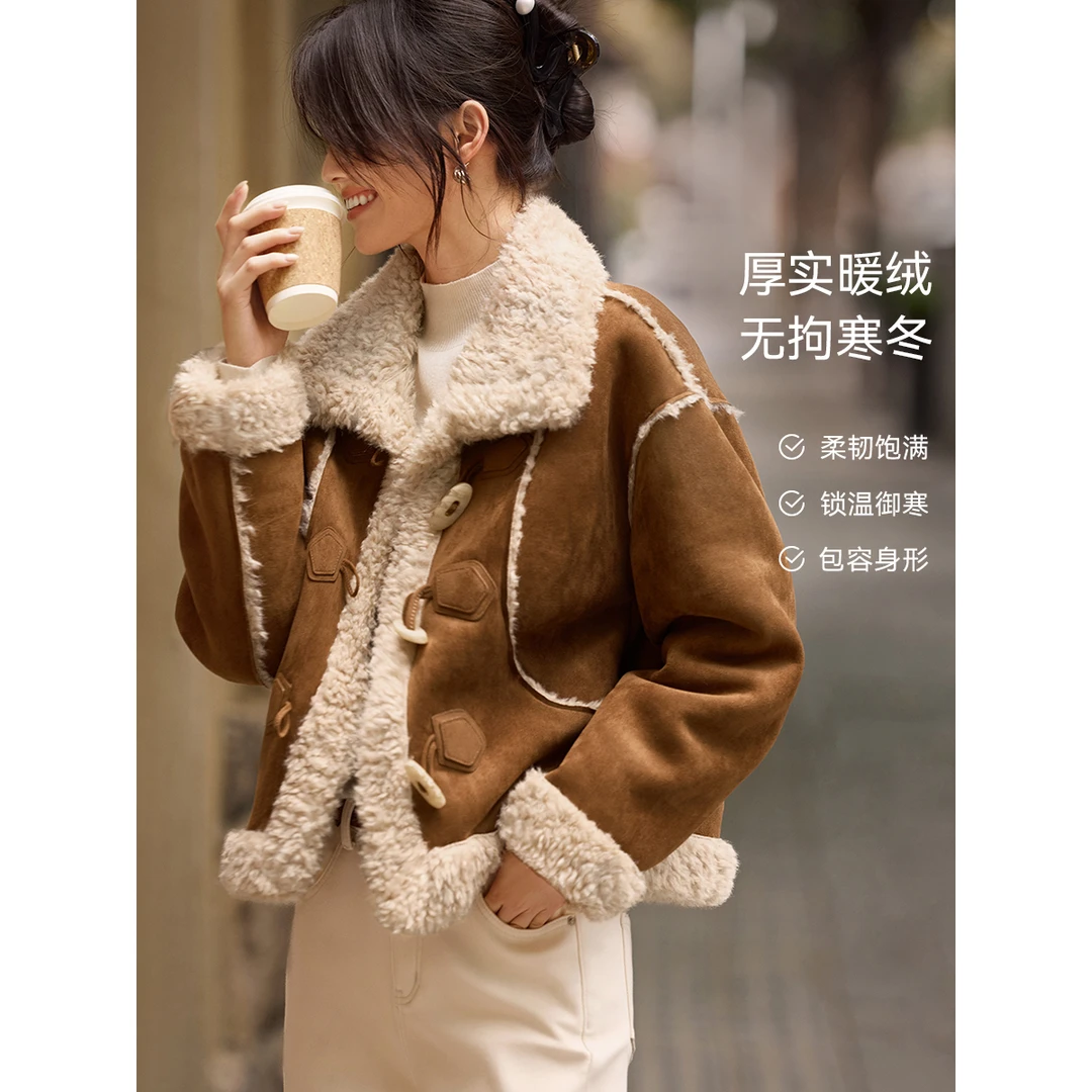 XWI/欣未【韩系牛角扣外套】2025冬美拉德机车风皮毛一体外套6043