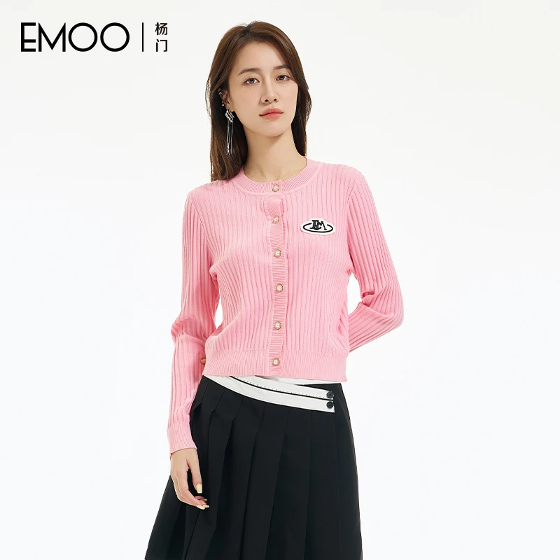 EMOO/杨门杨门圆领针织开衫女粉色毛衫2025春季新款E14A041133