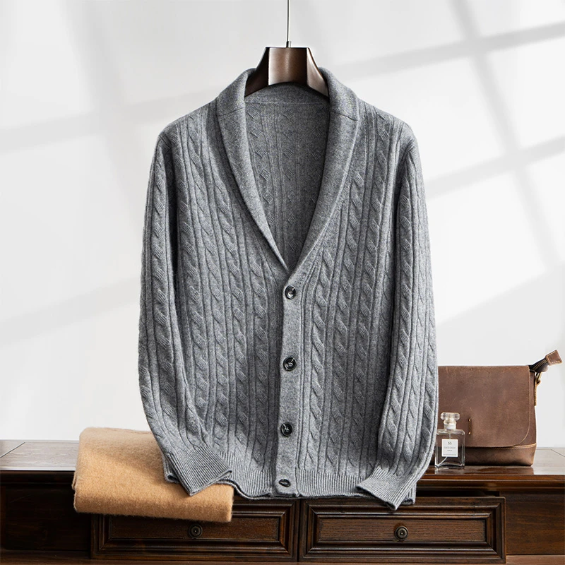 500-540克秋冬七针双股加厚羊绒开衫男士青果领全身麻花开衫外套