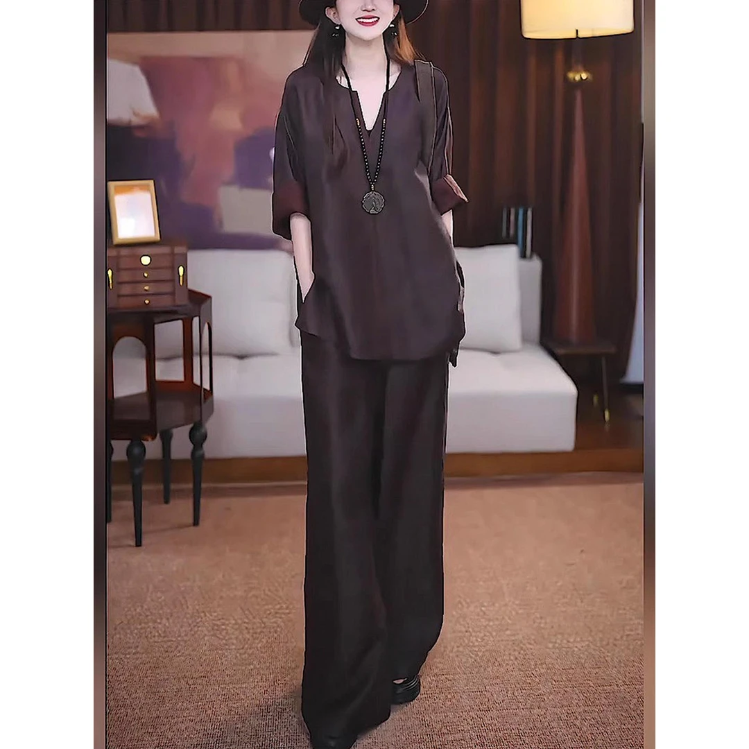 新中式国风套装女夏宽松慵懒风复古撞色卷边上衣阔腿裤欧货两件套