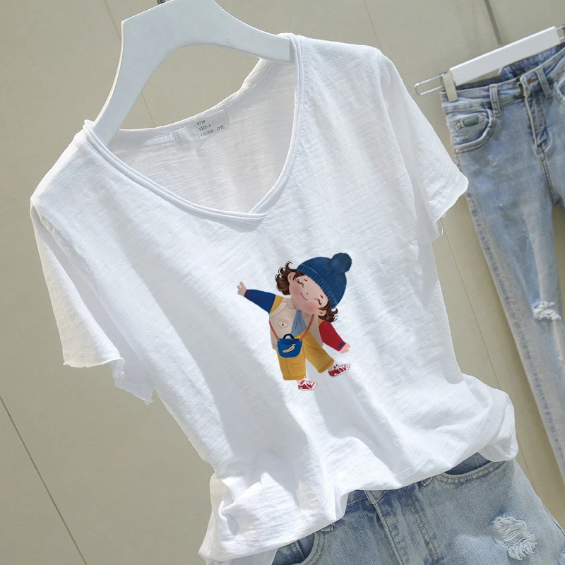 可爱印花短袖T恤女2025夏季薄款竹节棉透气短袖V领时尚百搭打底衫