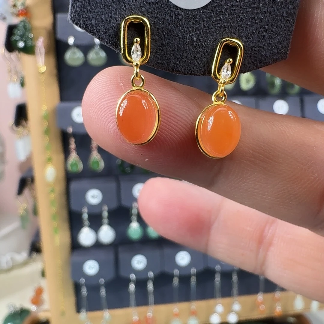 开***果玛瑙/玉髓银S925镶嵌耳饰