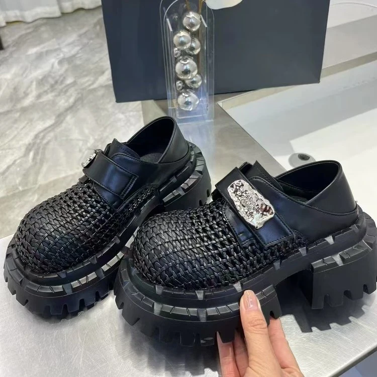 欧货厚底大头编织小皮鞋女2025年春季新款松糕增高两穿乐福鞋豆豆