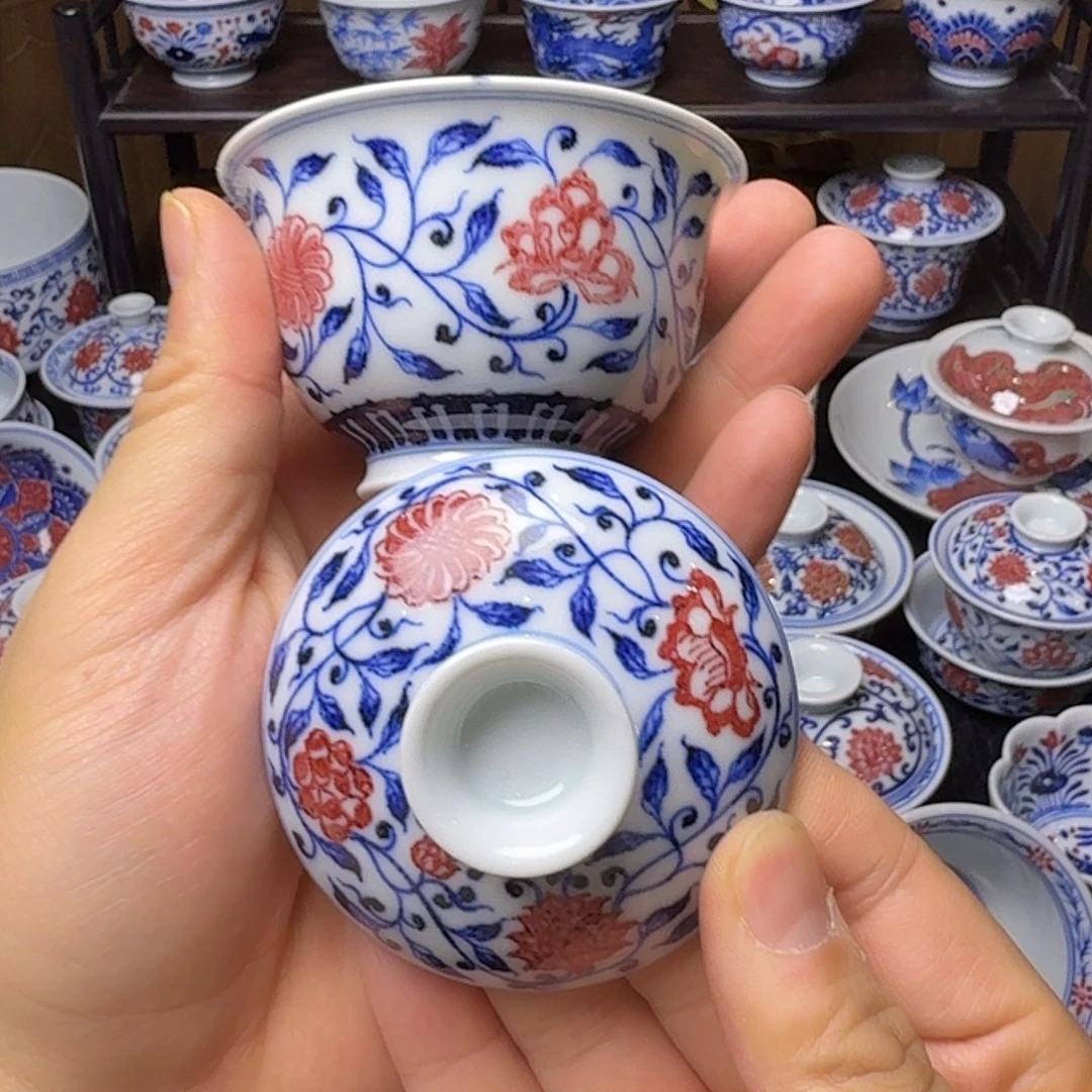 青花釉里红岩茶盖碗80ml微瑕