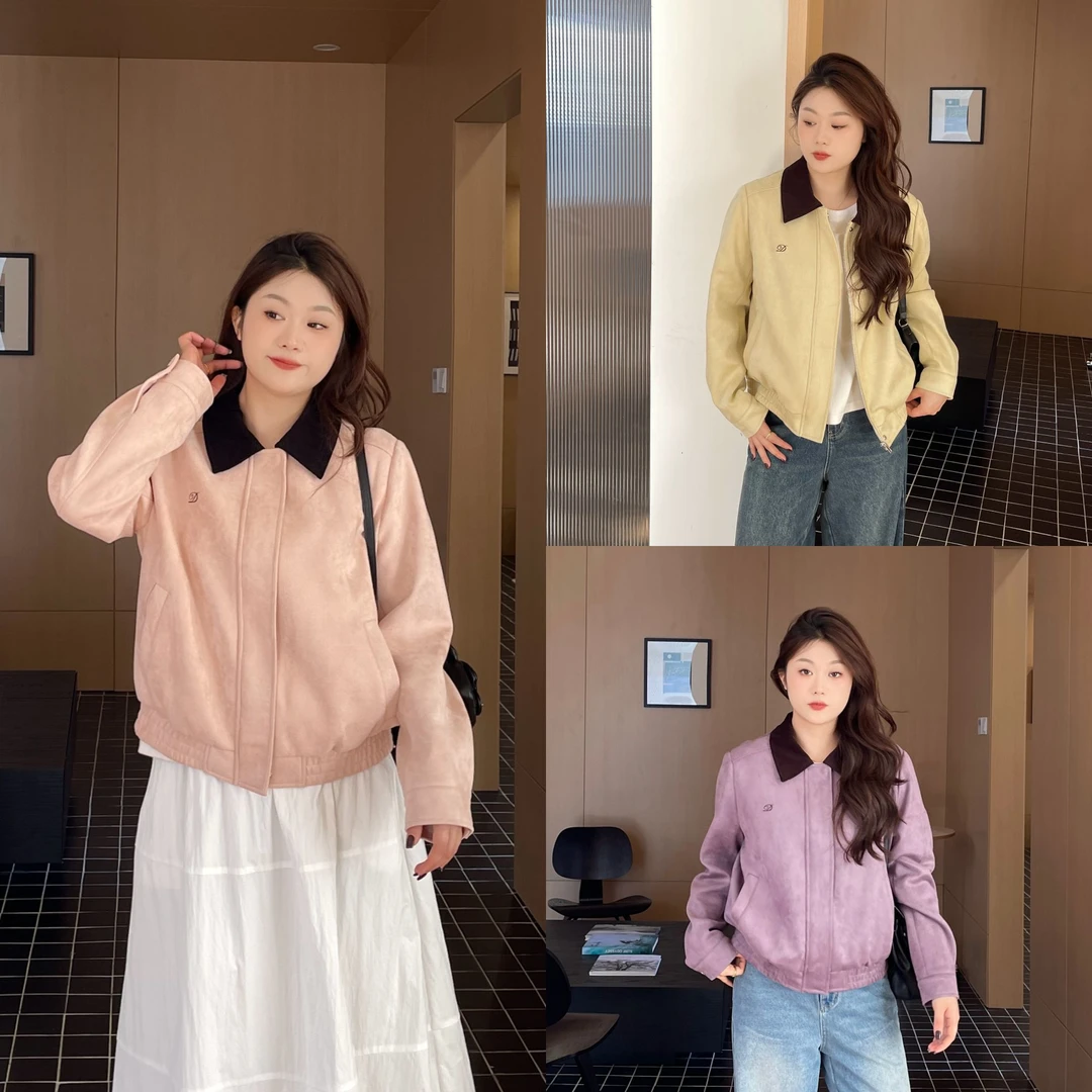 裂渡宣宣【色彩故事】微胖大码女秋百搭撞色刺绣麂皮夹克ZY507A11