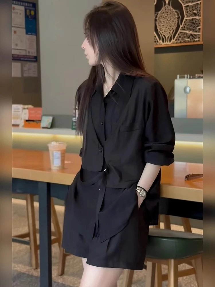 高级感轻熟风休闲时尚套装女夏季薄款假俩件防晒上衣松紧短裤一套