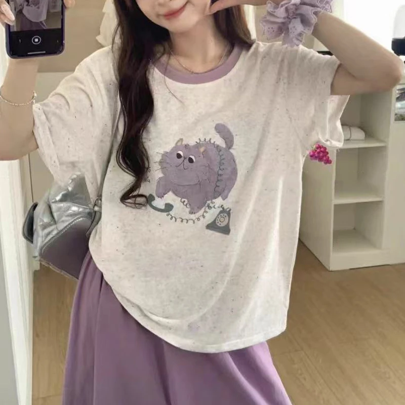 【紫色小猫T】韩版撞色减龄卡通短袖T恤