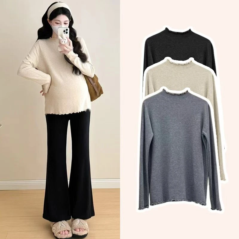 孕妇装秋装2025新款秋冬大码木耳领打底衫保暖内搭T恤百搭上衣女