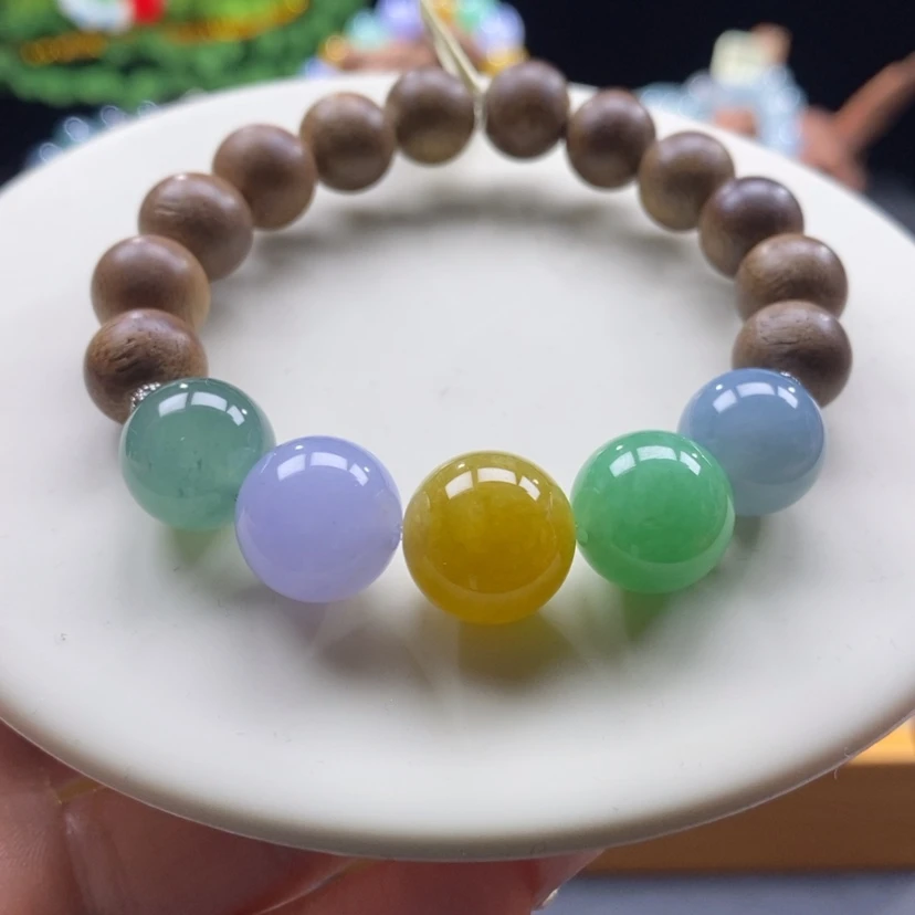 【闪购商品】沉香木手串翡翠浓色五彩木带宝手串