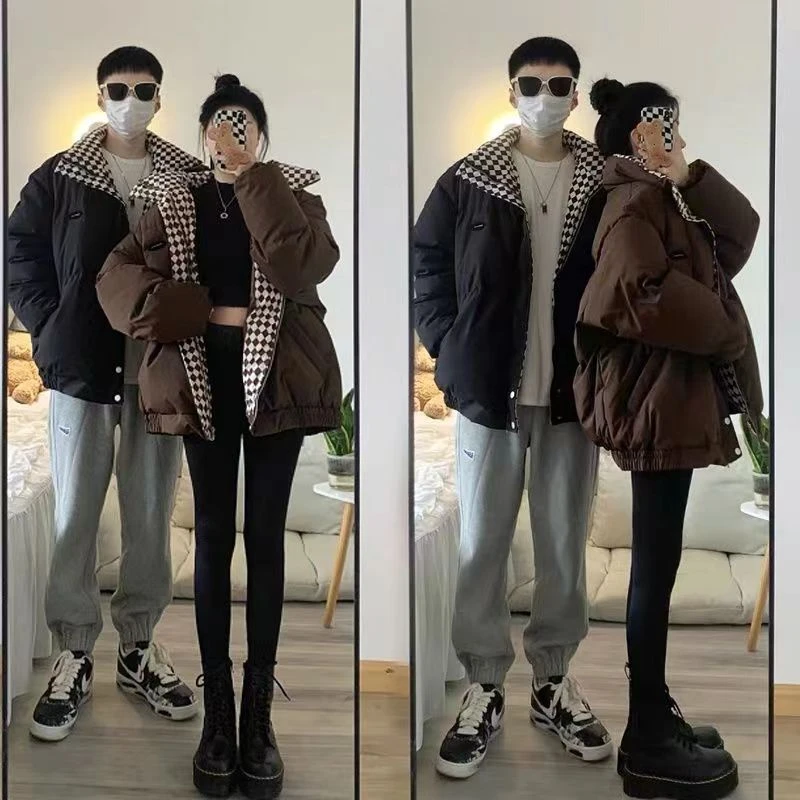 新款棋盘阁棉服短款韩版宽松加厚保暖外套