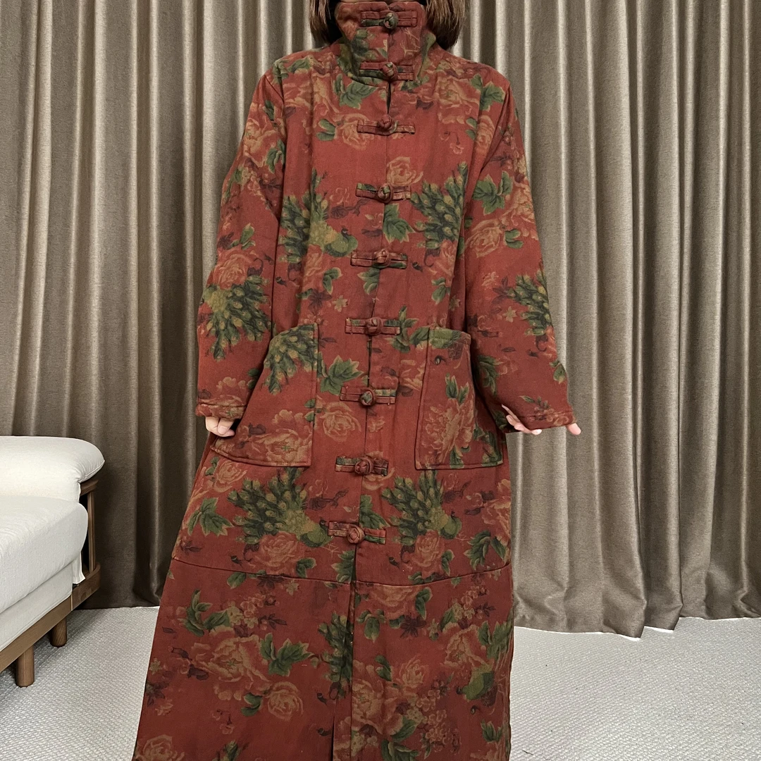 2588【长款棉服】印花气质做旧中式免烫棉服民族风长袖棉衣长款