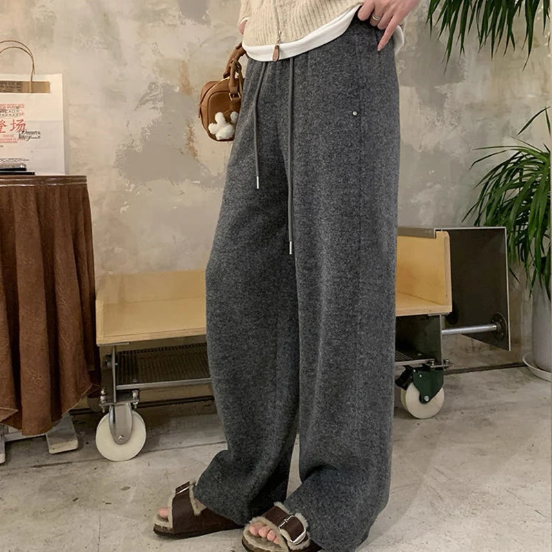 青花瓷奶芙两穿休闲裤女2025爆款加绒加厚垂感慵懒直简束脚阔腿裤