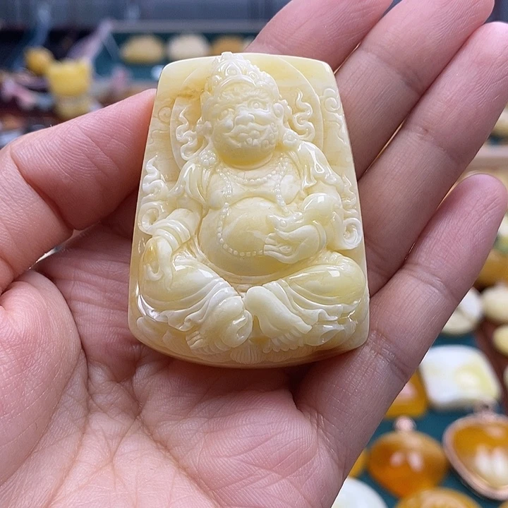 琥珀未镶嵌裸石29白花蜡黄财神吊坠