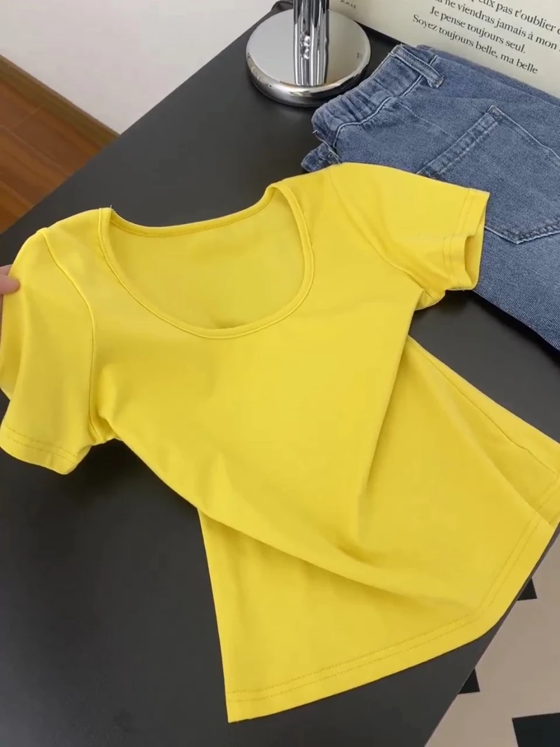 纯色方领正肩短袖t恤女夏季新款纯欲修身显瘦短款上衣内搭打底衫