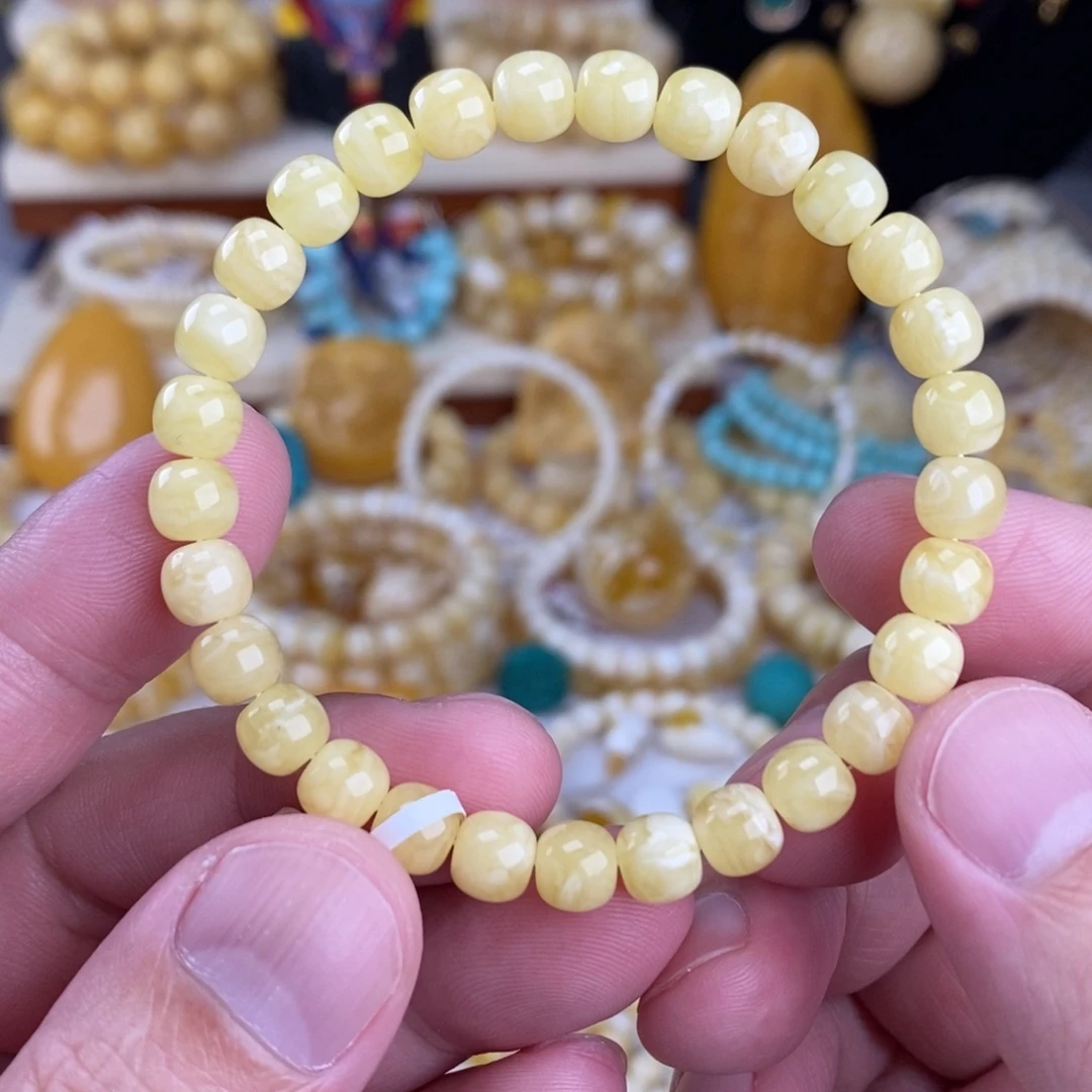 蜜蜡未镶嵌手链浓蜡瓷白花7mm高桩