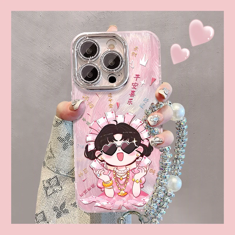 发财女孩适用苹果15华为vivo/oppo小米iPhone16精孔羽纱纹手机壳