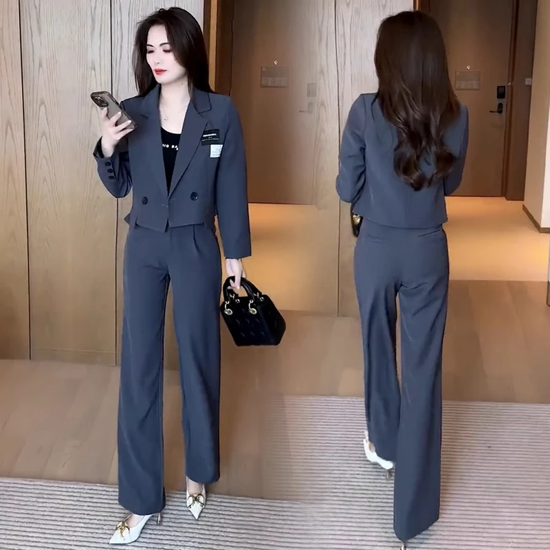 时尚气质西装套装女秋季新款小个子短款西服外套阔腿裤职业两件套
