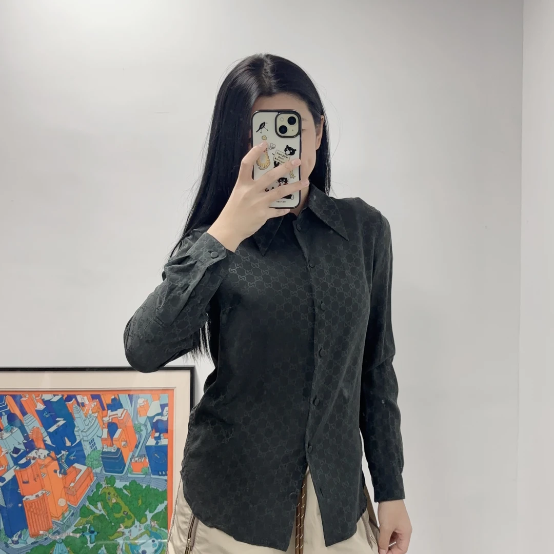 95新 GUCCI/古驰 麦殿/满印花logo长袖衬衣黑色/250511YYWHC03