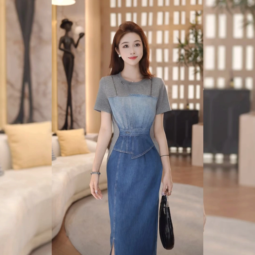 【林雪雪】新品质感渐变色拼接牛仔连衣裙250362