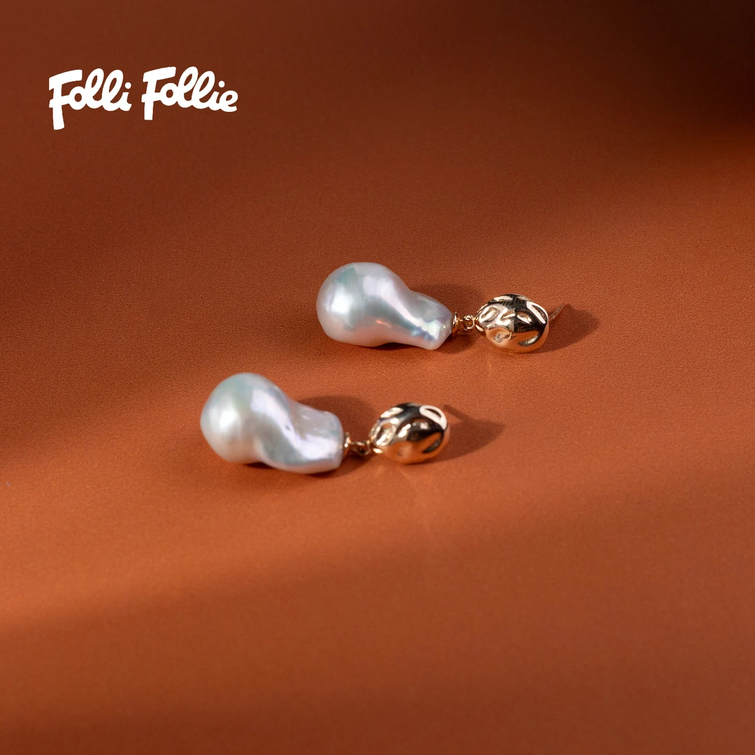 FolliFollie淡水珍珠巴洛克耳饰S925银镀金镶嵌12-15mm优雅时尚款