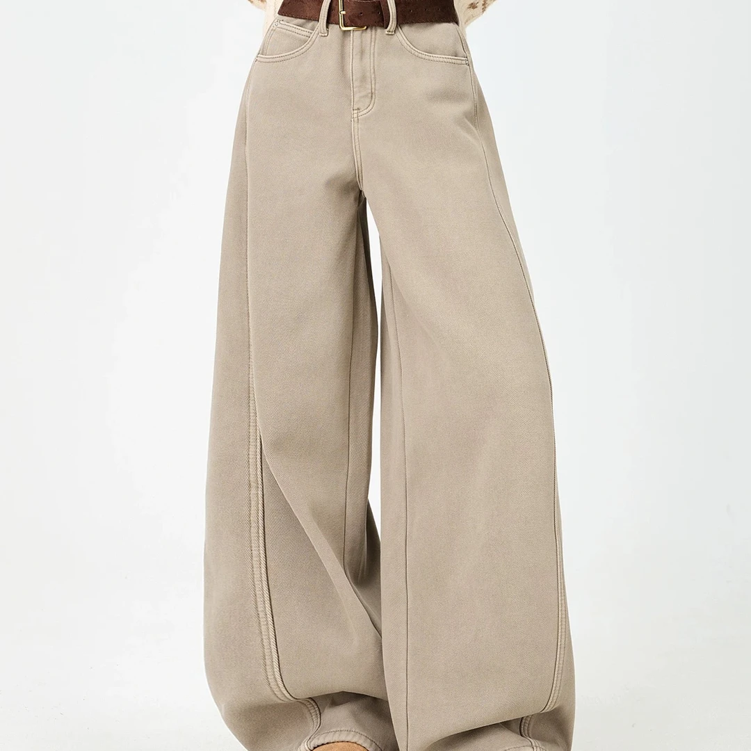 奶茶灰咖加绒加厚直筒弯刀阔腿显瘦牛仔裤高腰百搭秋冬季新款