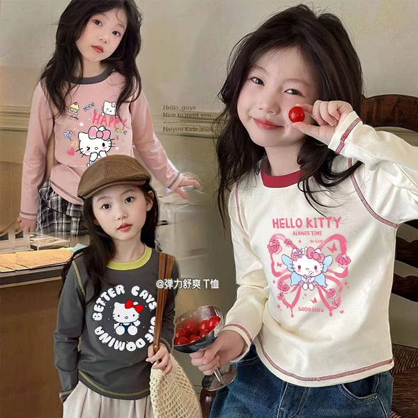 女童长袖T恤2025春秋新款卡通KT猫纯棉上衣宝宝儿童装秋装上衣潮