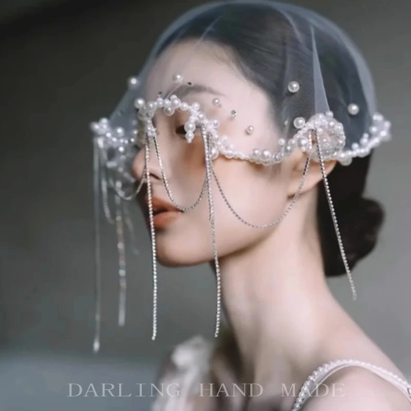 娘复古珍珠短款纱饰白色珍珠盖纱纱影楼写真型饰结婚时尚流苏